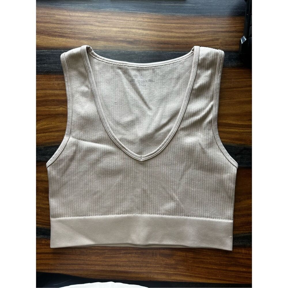 Aerie Ribbed Plunge V-Neck Crop Top in Tan Size Medium